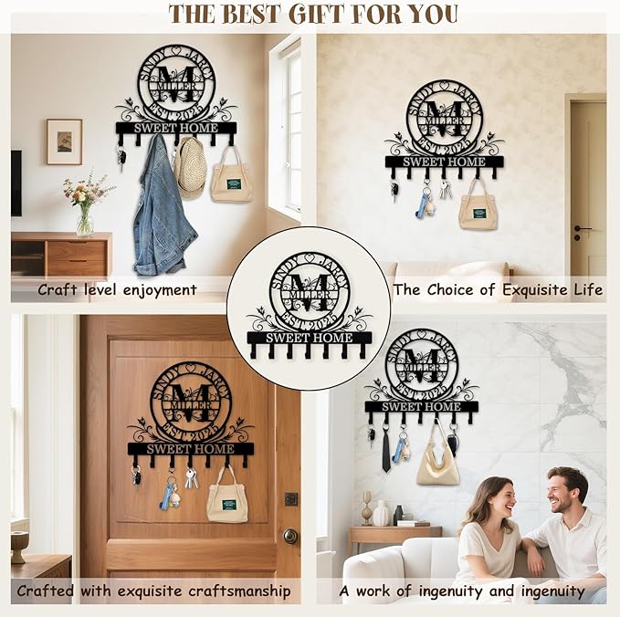 Custom Key Holder for Wall, Personalized Key Rack Wall Mount with Monogram Design, Key Rack Holder Wall Mount for Living Room Bedroom, Housewarming Wedding Gift (02-Monogram)
