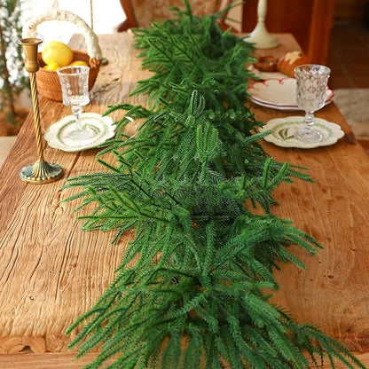 9FT Christmas Garland Artificial Norfolk Pine Garland，Handmade Real Touch Greenery Faux Pine Needles Garland for Home Table Mantle Fireplace Indoor Outdoor Christmas Decor(Dark Green)