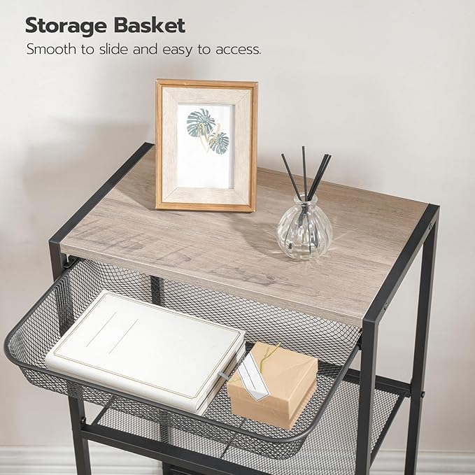 HOOBRO 28.7 Inch Tall Side Table, 3-Tier Industrial Telephone End Table with Adjustable Metal Mesh Basket, Desk Side Table with Storage Shelves, for Living Room, Bedroom, Office, Greige BG06DH01