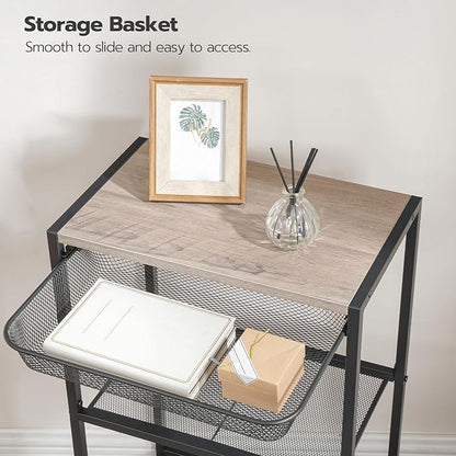 HOOBRO 28.7 Inch Tall Side Table, 3-Tier Industrial Telephone End Table with Adjustable Metal Mesh Basket, Desk Side Table with Storage Shelves, for Living Room, Bedroom, Office, Greige BG06DH01