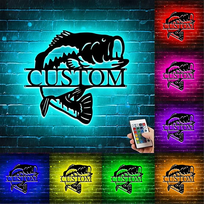 Custom Bass Fishing Wall Art LED Light Personalized Bass Fishing Name Sign Fishing Name Light Fisherman Husband Dad Father Gifts for Father's Day Valentine's Day (Monogram Fishing Sign)