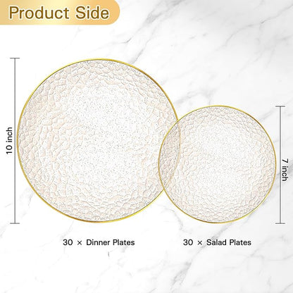 Rubtlamp 60Pcs Clear Gold Plastic Plates, Gold Glitter Disposable Plates, Hammered Plastic Plates Included 30 Dinner Plate And 30 Dessert Plate for Weddings Party Birthday