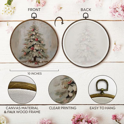 MOTERMATE Vintage Christmas Tree Wall Art Decor Round Framed, Christmas Canvas Wall Art Artwork Prints, Winter Xmas Tree Holiday Hanging Decor Decorations for Home Bedroom Living Room, 10x10 Inch