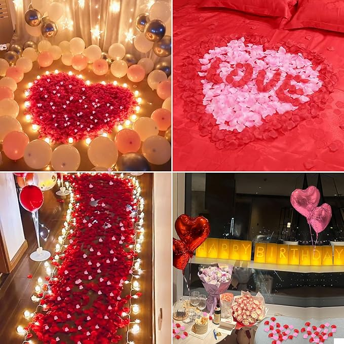 Happy Birthday Lighted Letters Sign 13pcs Luminary Paper Bags 48pcs Flameless LED Candle Tealight 2000pcs Red Pink Rose Petals 15pcs Heart Balloons Romantic Night Valentine's Day Decorations