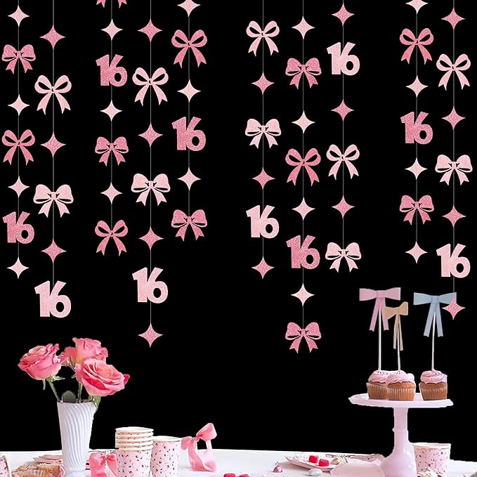 Glitter Pink 16th Bow Birthday Decorations Hot Pink Conquette Bow Garland Streamer Banner Backdrop for Girls Boys Happy 16th Birthday Sweet Sixteen Cheers to 16 Years Old Anniversary Party Supplies