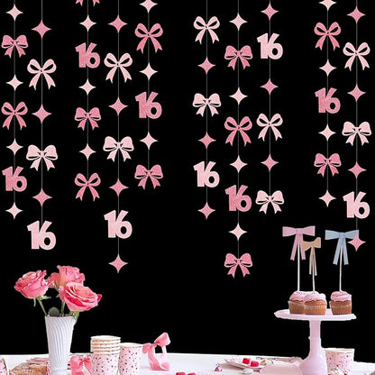 Glitter Pink 16th Bow Birthday Decorations Hot Pink Conquette Bow Garland Streamer Banner Backdrop for Girls Boys Happy 16th Birthday Sweet Sixteen Cheers to 16 Years Old Anniversary Party Supplies