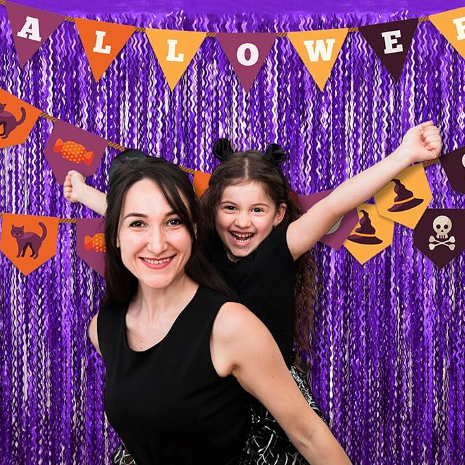 4 Pack Purple Fringe Curtain Backdrop 3.2Ft x 8.2Ft Metallic Tinsel Foil Fringe Streamers Background for Photo Booth Mother's Day, Easter, Carnival, Birthday, Wedding Party Decoration