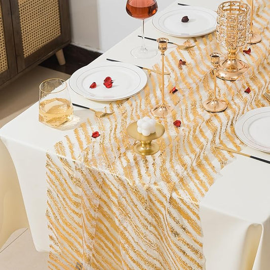 10 Pcs Gold Table Runners, 28In x 10 Ft Sheer Chiffon Tulle Cheesecloth with Glitter Metallic Foil, Golden Sequin Gauze Runner for Wedding, Birthday, Baby Shower, Anniversary Party Decor, Striped