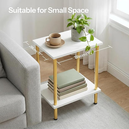 HOOBRO End Table, Small Side Table, Nightstand with 2-Layer Storage Shelves, Sofa Table for Small Spaces, Living Room, Bedroom, Stable Frame, Easy Assembly, White and Gold DW09BZ01