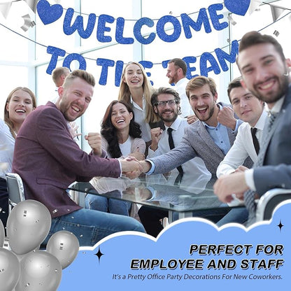 Fulmoon Pre Strung Welcome to The Team Banner with Two Heart Signs, NO DIY, Glitter Welcome Party Supplies for New Employee, Coworker, Colleague, Staff, Team Member Office Decorations(Navy Blue)