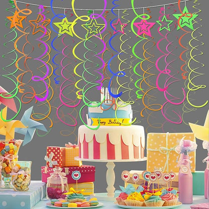 56 PCS UV Colorful Ceiling Swirl Decoration Hanging Paper Neon Streamer for Ceiling Neon Garlands Black Light Neon Decorations for Dark Glow Party Supplies and Decorations Birthday Neon Party Favors