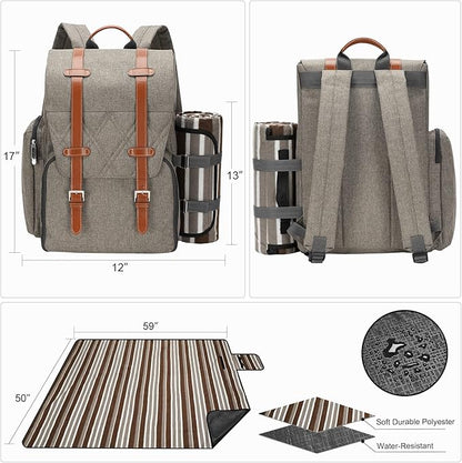 Picnic Backpack for 2 Person with Large Insulated Cooler Bag, Picnic Basket Set with Wine Pouch, Waterproof Picnic Blanket & Cutlery Set. Perfect for Beach, Camping,Wedding Gift for Couple.Beige