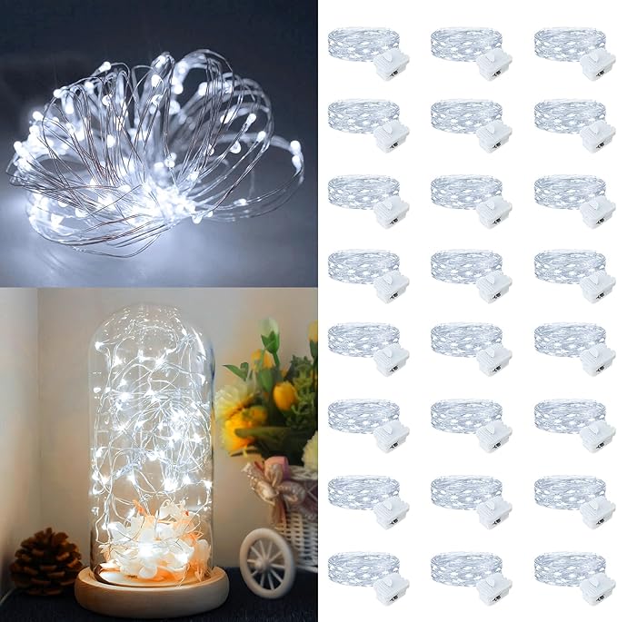 Fairy Lights,Silver Wire String Lights Waterproof,Battery Operated 7FT 20LED Firefly Starry Moon Lights for DIY Christmas Wedding Party Bedroom Decor (White, 24 Pack)
