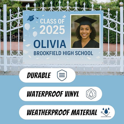 Custom Graduation Banner Class of 2025 with Photo and Name – Personalized Congrats Sign for High School or College Seniors – Indoor Outdoor Graduation Party Decoration