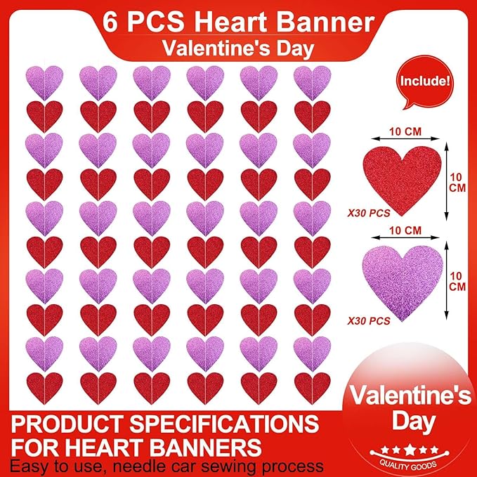 6 Pack Pre-Strung Glitter Heart Galand Banners,Valentines Day Red Pink Heart Hanging String Garland - Valentines Day Decor,Valentines Day Decorations for Valentines Day Wedding Engagement Decorations