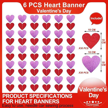 6 Pack Pre-Strung Glitter Heart Galand Banners,Valentines Day Red Pink Heart Hanging String Garland - Valentines Day Decor,Valentines Day Decorations for Valentines Day Wedding Engagement Decorations