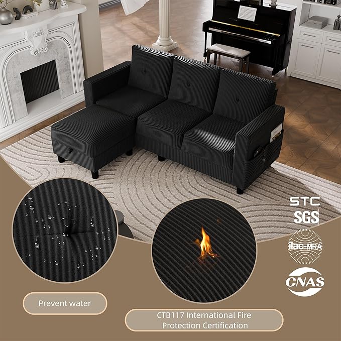 JAMFLY Convertible Sectional Couches for Living Room, L-Shaped Couch 3 Seat Sectional Sofa Set with Corduroy Fabric and Movable Ottoman Small Couch for Apartments, Office(Black)