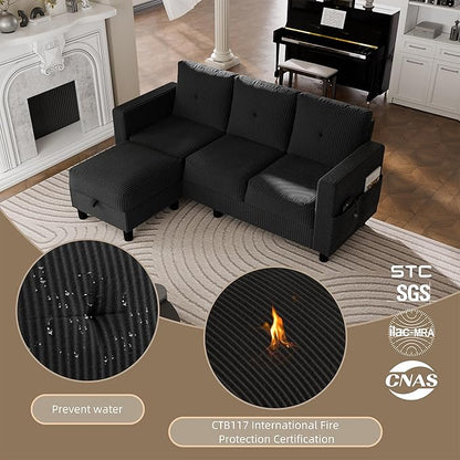 JAMFLY Convertible Sectional Couches for Living Room, L-Shaped Couch 3 Seat Sectional Sofa Set with Corduroy Fabric and Movable Ottoman Small Couch for Apartments, Office(Black)