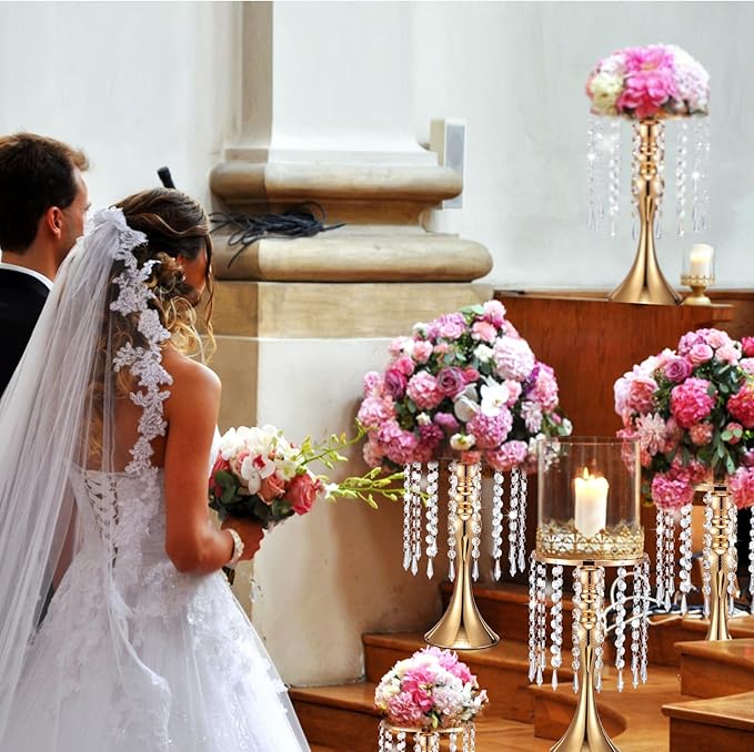 Unittype 8 Pcs Wedding Centerpieces for Tables 13 Inch Tall, Crystal Flower Stand Floral Vases for Tabletop Flower Arrangement Stand Valentines Gift Baptism Christmas Party Decor (Gold)