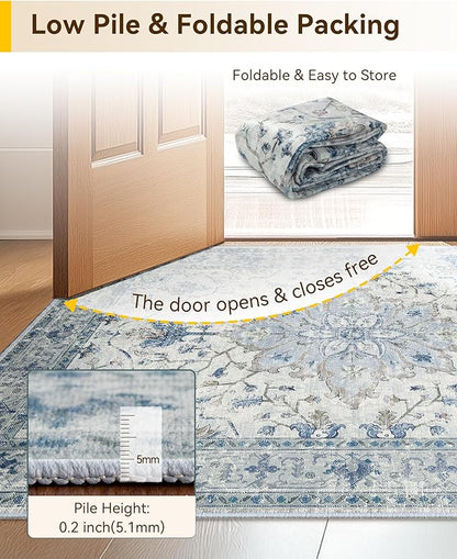 Area Rugs 3'x6' Runner Rug Non Slip Washable for Kitchen Hallway Bedroom Beside Laundry Room Bathroom Rug, Floor Carpet, Light Blue Navy Beige Gray White