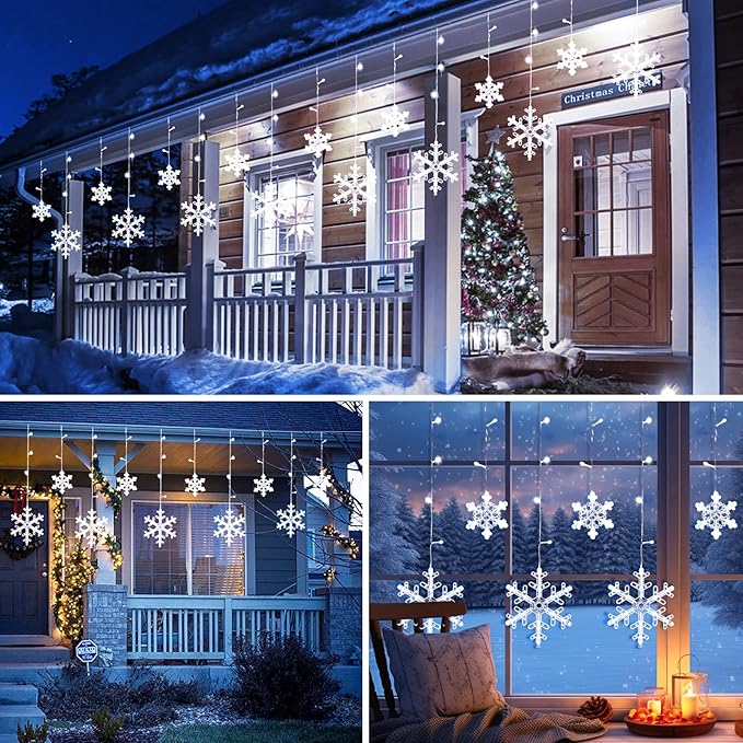 Minetom 2 Pack 13 ft 192 LED Snowflake Lights, Christmas Icicle Lights with 16 Drops, 12 Modes and Timer, IP65 Waterproof Connectable Christmas Light for House Window Indoor Outdoor, White