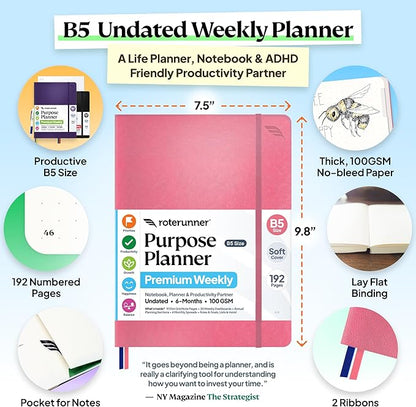 Roterunner Purpose Planner Notebook B5 7.5”x9.8” Undated 2026 Daily Weekly and Monthly Productivity Goal Setting Tool for Work Home ADHD Planner for Adults Self Care Journal (Pink Softcover)