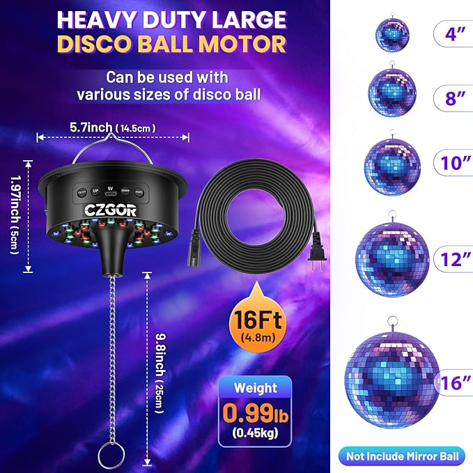 Disco Ball Motor with Light with Remote, Rotating 0/3/6/9/12/15 RPM Adjustable Speed, 16ft Detachable Power Cable/Battery/USB-C Power Mode, Supports 4'' - 16'' Mirror Balls for Party Christmas Wedding