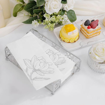 50 Pack Silver Magnolia Napkins - Silver Floral Disposable Napkins - Cloth-Like Feel Dinner Paper - Vintage Heavy Duty Hand Towels for Bathroom Wedding Holiday Party Bridal Decorative Towels