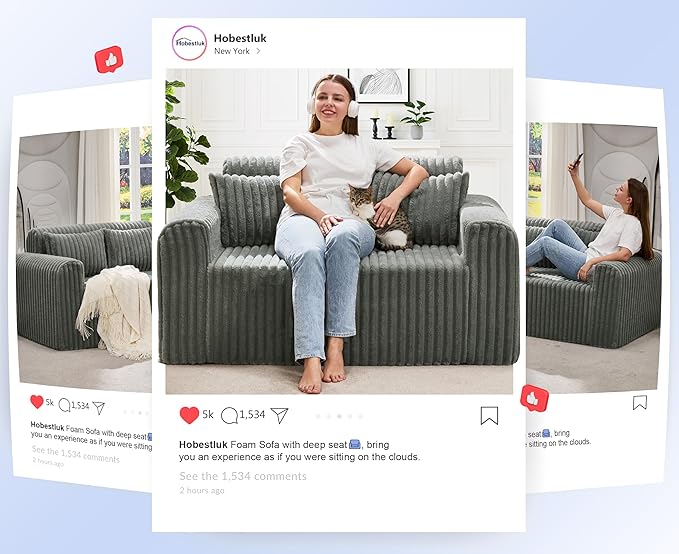 Hobestluk Couch Sofa 2-Seater Foam Sofa Loveseat for Small Spaces Comfy Sofas with Removable Cover Furry Couch with Pillows for Living Room, Bedroom, Apartment, Office (Grey, Loveseat)