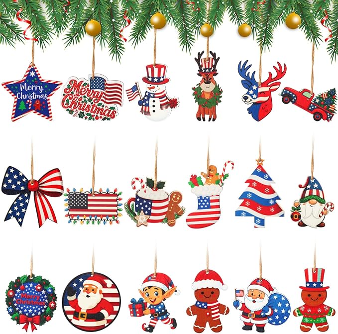 36 Pcs Patriotic Christmas Tree Ornaments Wood Red White Blue Christmas Ornament Hanging America Flag Santa Gnome Decorations for Xmas Tree Home Decoration Gifts