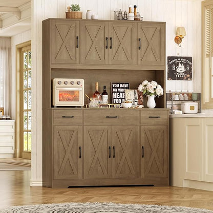 HOSTACK 71" Tall Pantry Cabinet with Charging Station, 55" Wide Kitchen Pantry Storage Cabinet with Countertop, Large Kitchen Hutch with Storage and Microwave Stand for Dining Room, Rustic Brown