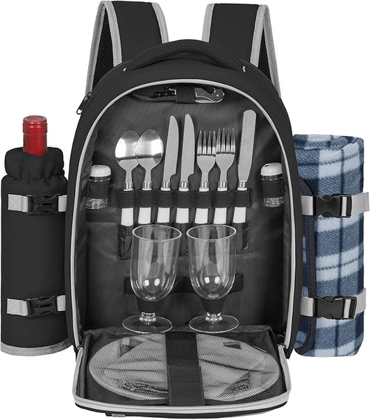 Picnic Backpack for 2 Persons with Insulated Leakproof Cooler Compartment, Cutlery Sets, Wine Holder, Fleece Blanket, Wedding Gifts for Couples, Perfect for Beach, Camping, Hiking, Black