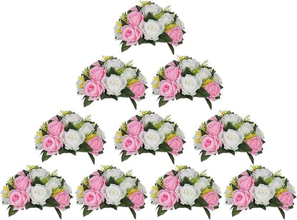 BLOSMON Flower Balls Rose Centerpieces: 10 Pcs Pink White Fake Flowers Kissing Balls Decor Artificial Wedding Floral Arrangements Silk Flower Bouquet with Base Home Party Room Table DIY Decorations