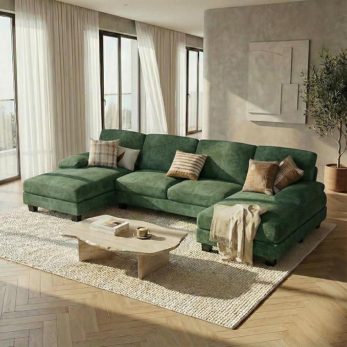 Homall Modular Sectional U Shaped Sofa Couches for Living Room, Comfy Chenille 4 Seat Sofa Set with Removable Pillows, Lounge Chaise Upholstered Couch for Apartment (Chenille, Green)