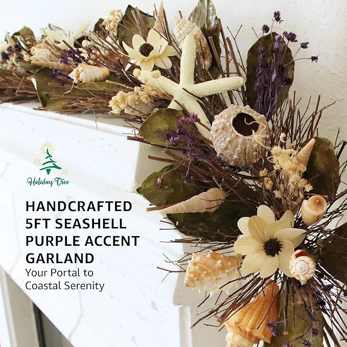 HOLIDAY TREE 5' Coastal Christmas Garland – Natural Shells, Purple Accents, Wood Twigs & Resin Starfish | Beach Christmas Decor & Handcrafted Coastal Holiday Garland