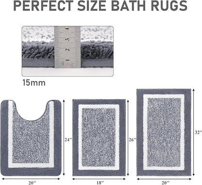 Pauwer Bathroom Rugs Sets 3 Piece Bathroom Shower Rugs with U-Shaped Contour Toilet Mat Absorbent Microfiber Plush Bath Mats Non Slip Bath Rugs Machine Washable Shaggy Bath Floor Mats
