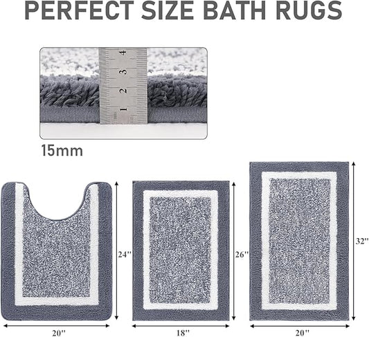 Pauwer Bathroom Rugs Sets 3 Piece Bathroom Shower Rugs with U-Shaped Contour Toilet Mat Absorbent Microfiber Plush Bath Mats Non Slip Bath Rugs Machine Washable Shaggy Bath Floor Mats