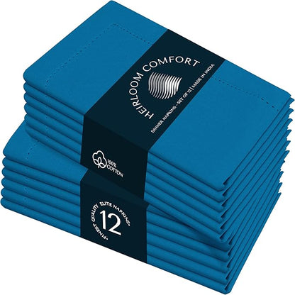 Turquoise Blue Cloth Napkins 18x18 Inch - 12 Pack - Reusable, Absorbent, Soft, Washable Fabric - Hemstitch Mitered Edges - Ideal for Beach Parties, Summer, Outdoor Dining, Dinner
