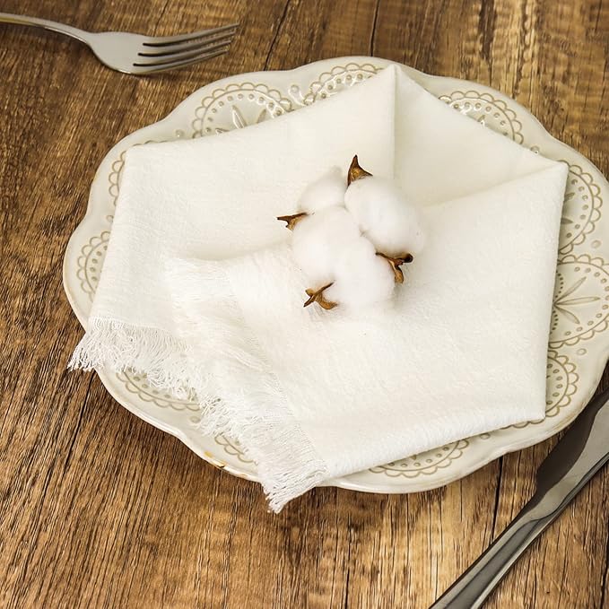 Handmade Cloth Napkins with Fringe,18 x 18 Inches Cotton Linen Napkins Set of 6 Versatile Handmade Square Rustic Fringe Napkins for Dinner, Wedding and Parties, White