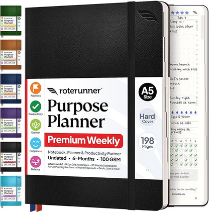 Roterunner Purpose Planner Notebook A5 5.8”x8.3” Undated 2026 Daily Weekly and Monthly Productivity Goal Setting Tool for Work Home ADHD Planner for Adults Self Care Journal (Black Hardcover)