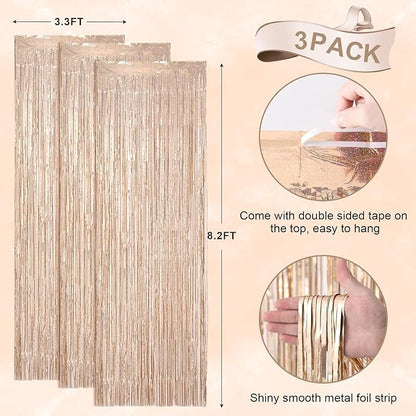 3 Pack 3.3 x 8.2 ft Laser Champagne Foil Fringe Backdrop Curtains, Tinsel Streamers Birthday Party Decorations, Fringe Backdrop for Graduation, Baby Shower, Gender Reveal, Disco Party