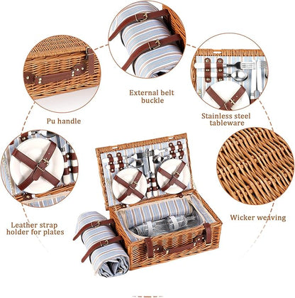 Picnic Basket for 4 Persons with Waterproof Picnic Blanket and Insulated Cooler, Large Wicker Picnic Basket for Camping, Outdoors, Valentine's Day, Christmas, Birthday, Wedding Gift