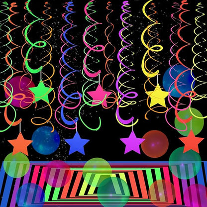 56 Pieces UV Hanging Swirls Decorations Paper Neon Streamer for Ceiling Star Neon Garlands Black Light Neon Decorations for Dark Glow Party Supplies and Decorations Birthday Neon Party Favors