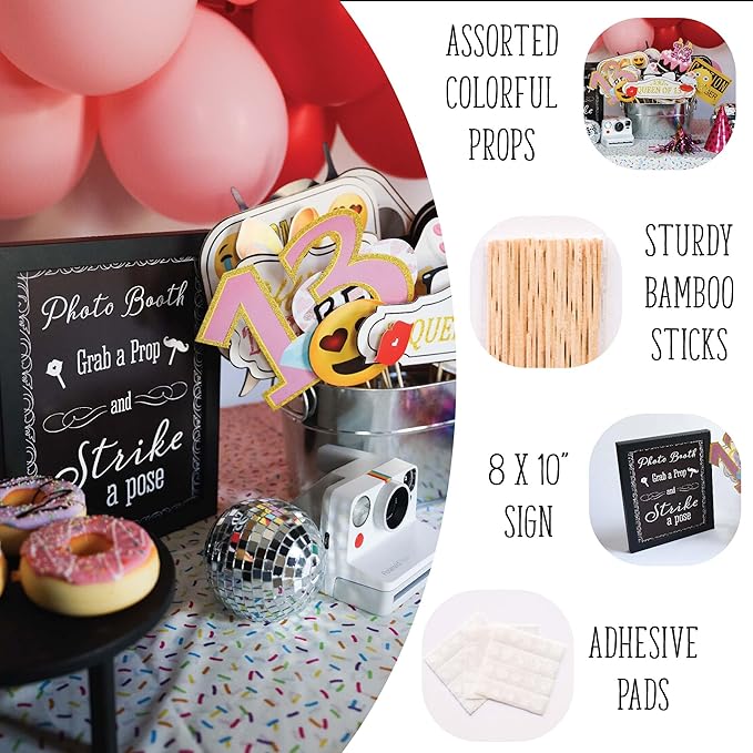 13th Birthday Photo Booth Props - 41-pc Photo Prop Kit with 8 x 10-Inch Sign, 60 Adhesive Pads, 45 Sticks - Teen Girl Photo Booth Props - Party Supplies 13th Birthday