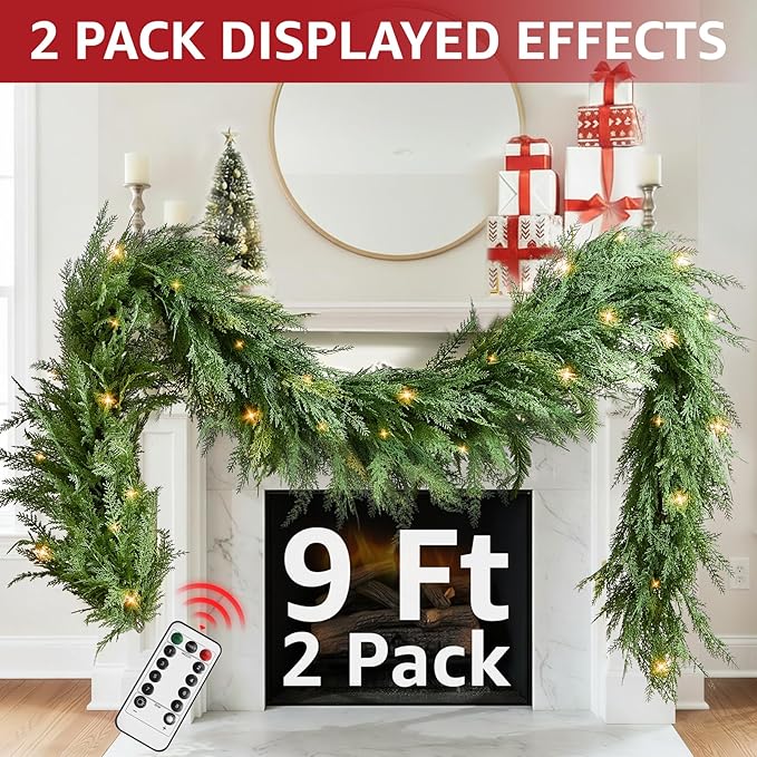 Christmas Cedar Garland Realistic with Lights - 2 Pack Cypress Decorations 9ft for Mantle Lighted Faux Pine Garlands for Xmas Home Decoration Indoor Stairs Railing Fireplace Outdoor Prelit Door Decor