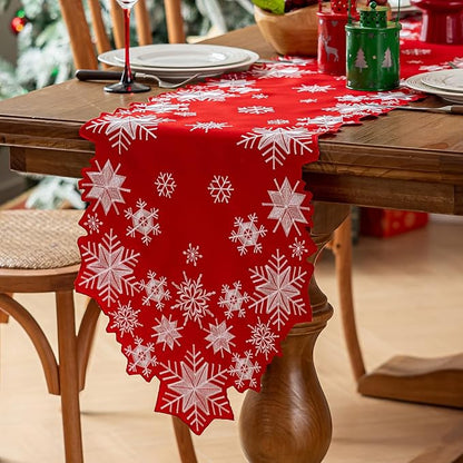 Joyfol Day Christmas Red Table Runner 14 x 33 Inch, Cutwork Embroidered White Snowflake Table Runners, for Xmas Holiday Winter Festival Kitchen Dining Tabletop Decoration