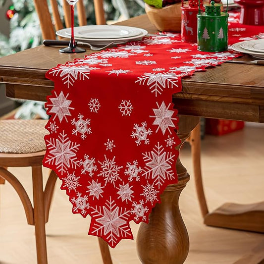 Joyfol Day Christmas Red Table Runner 14 x 33 Inch, Cutwork Embroidered White Snowflake Table Runners, for Xmas Holiday Winter Festival Kitchen Dining Tabletop Decoration