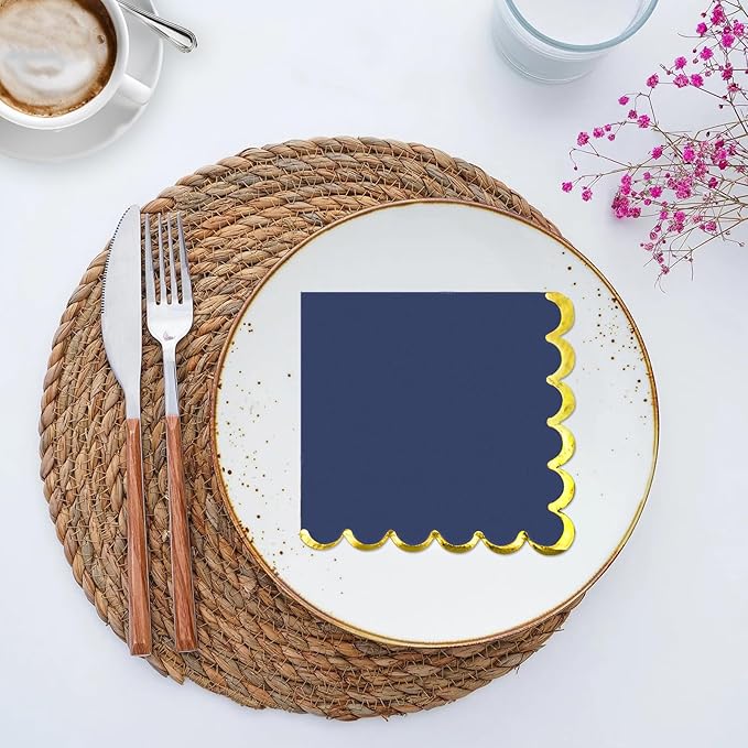 200 Pack Navy Blue and Gold Paper Napkins Scalloped Cocktail Napkins Blue Disposable Beverage Napkins for Birthday Baby Shower Wedding Party Supplies Dinnerware Tableware Decorations