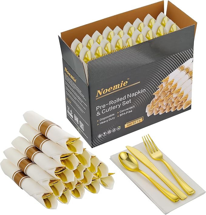 Noemie 100 Pack Pre Rolled Gold Hard Plastic Silverware Set,Wrapped Disposable Cutlery Set for Wedding Birthday Party with 100 Forks,Spoons,Knives,Napkins,Heavy Duty Utensils Flatware Set