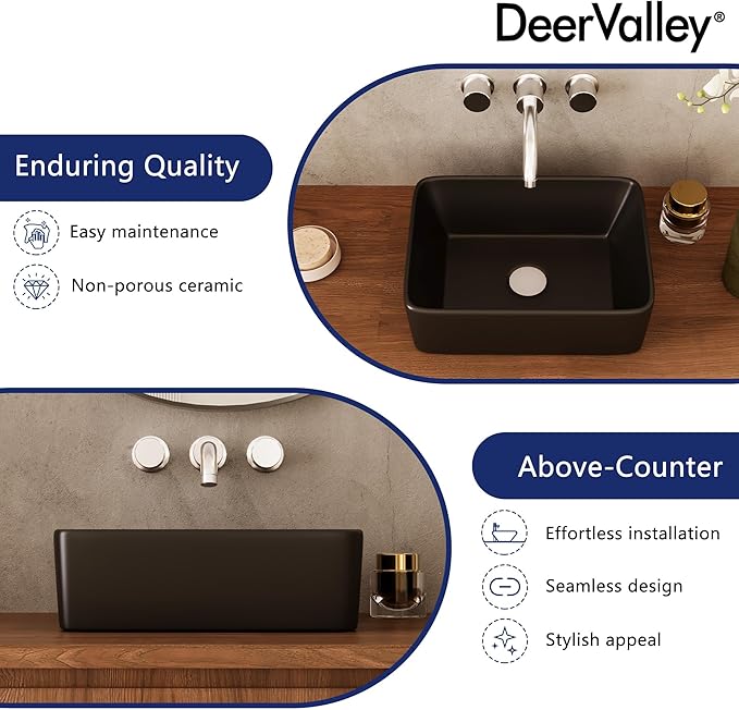 DeerValley 16x12 Inch Black Rectangular Vessel Sink, Above Counter Porcelain Ceramic Top Mount Sink, Countertop Vanity Art Basin for Bathroom, DV-1V0048B